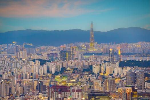 Downtown Seoul city skyline, cityscape of South Korea at sunset