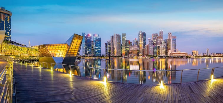 Downtown city skyline at the marina bay, cityscape of Singapore at sunrise