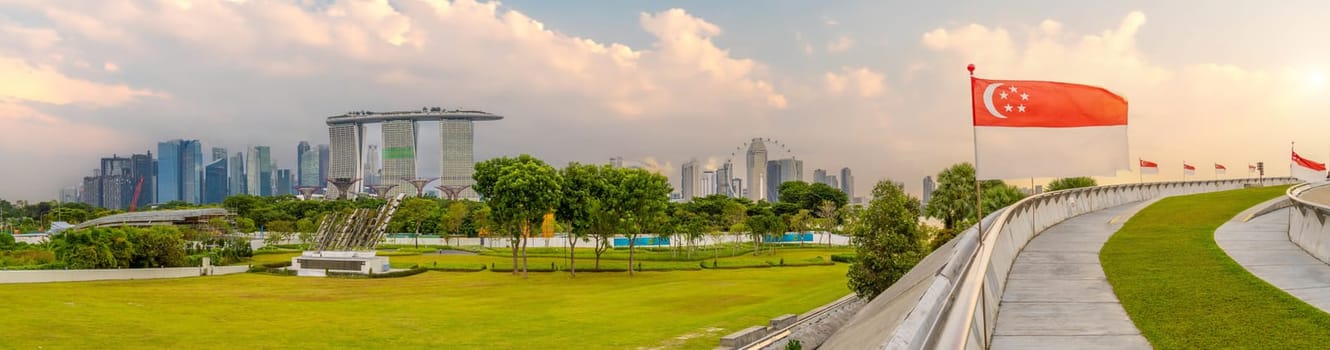 Downtown city skyline at the marina bay, cityscape of Singapore at sunset from Marina Barrage