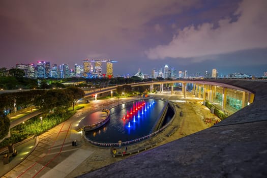 Downtown city skyline at the marina bay, cityscape of Singapore at sunset from Marina Barrage