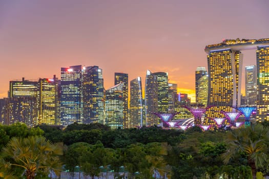 Downtown city skyline at the marina bay, cityscape of Singapore at sunset from Marina Barrage