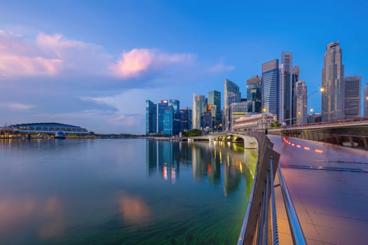 Downtown city skyline  waterfront, cityscape of Singapore at sunset
