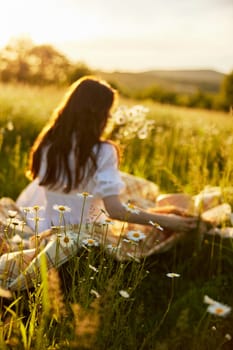 blurred silhouette of a woman sitting in a light dress in a clearing of daisies during sunset. High quality photo