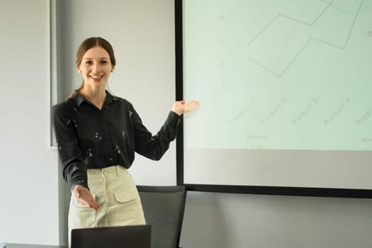 Professional business pointing at projector screen, explaining project strategy at corporate meeting.