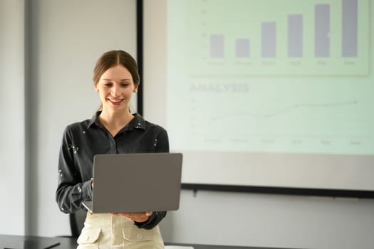 Smiling caucasian businesswoman standing in front of projector screen giving presentation at team briefing staff conference.