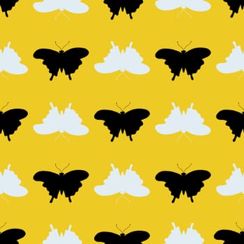 Black and White Butterfly Silhouette Seamless Repeat Pattern Background. Butterfly Silhouettes on Yellow Digital Paper.