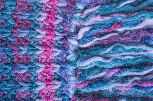 Closeup Knitted Sweater. Organic Woolen Design. Knitwear Winter Background. Knitted Blanket. Blue Detail Thread. Scandinavian Christmas Yarn. Macro Scarf Material. Weave Knitted Blanket.
