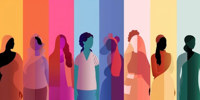 illustration silhouettes of women of different nationalities and cultures in colorful banner, business women, paper cut, banner. Multi-ethnic women. Women different cultures. download photo