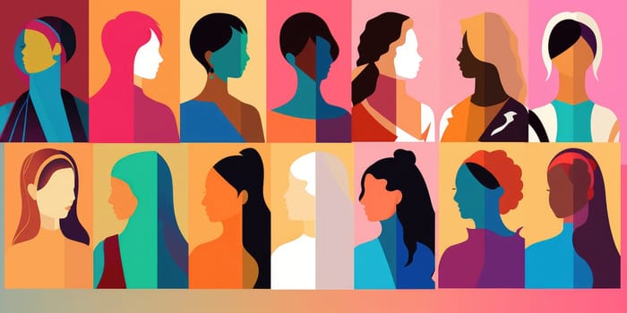 flat 2D graphical silhouettes of women of different nationalities and cultures in colorful banner, business women, papercut, banner. download photo