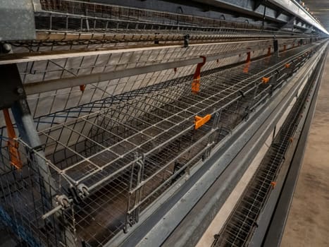 The empty laying cages in the chicken farm