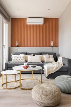 Vertical shot of a stylish living room with terracotta wall, sofa and modern interior accessories table and pouffes. The concept of a comfortable and stylish room.