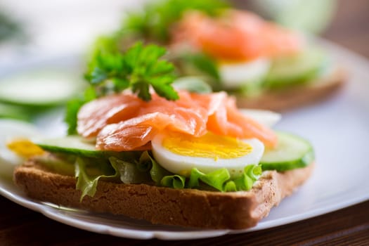 fried toast with lettuce, egg, cucumbers and red fish in a plate, on a wooden table.