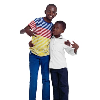 No sibling rivalry here. Studio shot of two african siblings against a white background