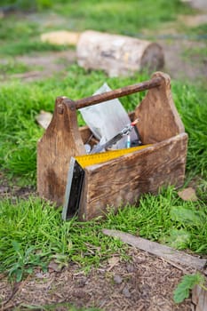 A very old wooden toolbox. Renovation and construction process