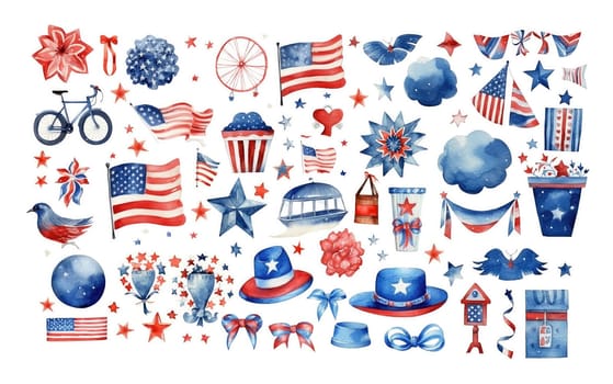 Happy Independence Day. USA independence day watercolor elements set isolated on white , Generative AI