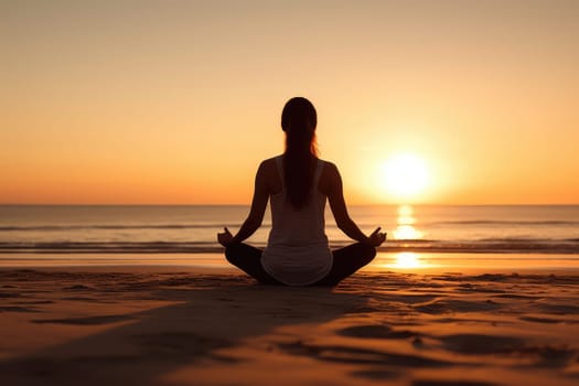 Unrecognizable woman sitting in lotus pose on the beach meditating, view from behind. Generative AI