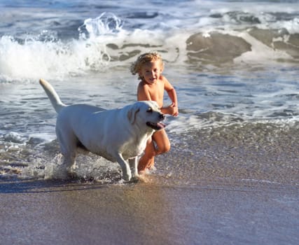 Child, dog and beach with kid playing with pet animal running on sand by the ocean. Holiday, children and dogs swimming by the water with happiness and smile of a toddler on vacation with pets.