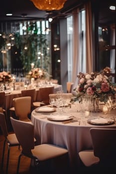 Beautiful restaurant decorated for wedding, Generative AI