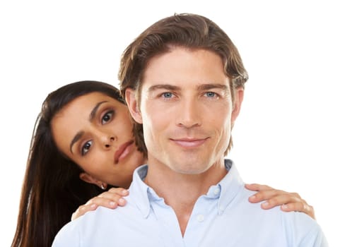 Happiness, love and portrait of couple together on a date hugging on valentines day isolated in a studio white background. People, lovers and man with woman for romance in a relationship.