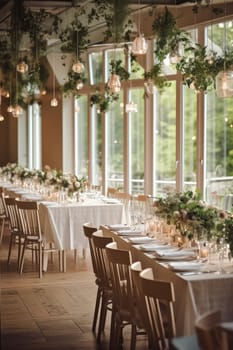 Beautiful restaurant decorated for wedding, Generative AI