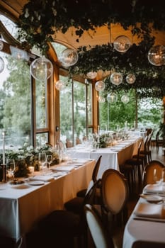 Beautiful restaurant decorated for wedding, Generative AI