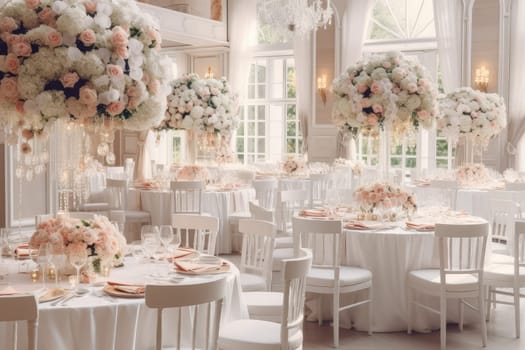 Beautiful spacious restaurant in white tones decorated for wedding with many flowers, Generative AI