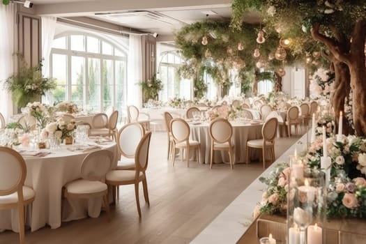 Beautiful restaurant decorated for wedding, Generative AI