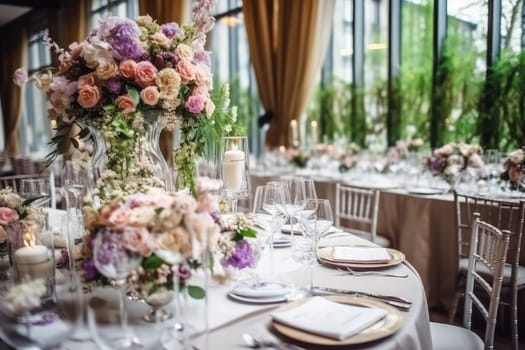Beautiful restaurant decorated for wedding, closeup Generative AI