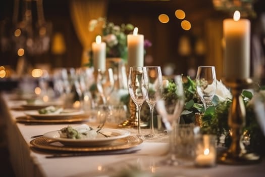 Beautiful restaurant decorated for wedding, closeup Generative AI