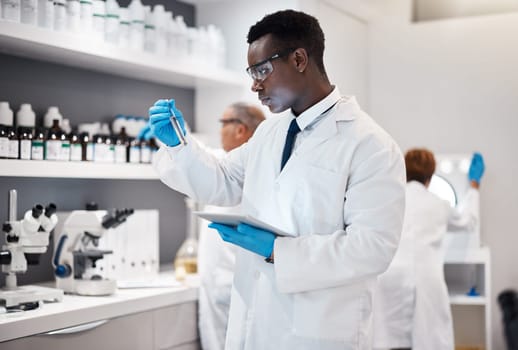 Science, research and black man test tube and tablet for medical analysis and innovation in laboratory. Pharmaceutical analytics, medicine study and scientist in South Africa checking vaccine results.