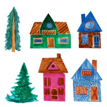 Set of watercolor elements small houses and pine trees. Decorative stickers. Illustrations for children. Trips .