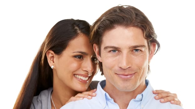 Valentines day, love and couple on a date hugging in happiness and happy isolated in a studio white background. Portrait, lovers and man with woman for romance in a relationship together.