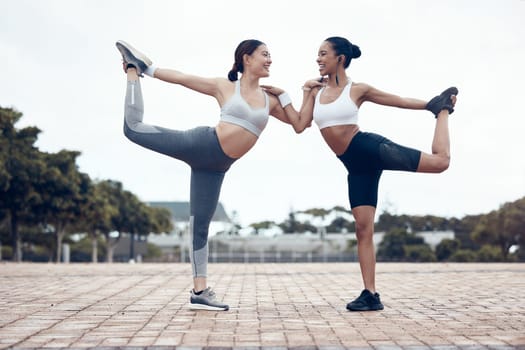 Women, fitness and stretching, exercise and training together, motivation for healthy and active lifestyle. Young, happy and workout with friends, yoga and pilates, endurance and cardio outdoors