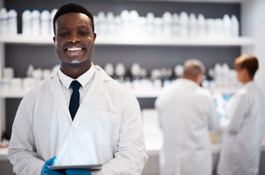 Portrait, science and black man, lab and tablet for research, connection and success with experiment. Face, happy African American male research and scientist in laboratory, device or online reading.