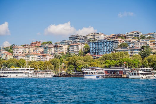 Muslim architecture and water transport in Turkey - Beautiful View touristic landmarks from sea voyage on Bosphorus.