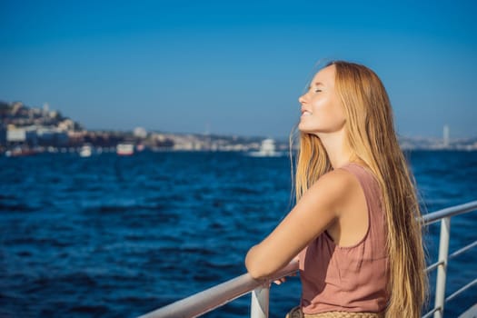 Happy woman enjoying the sea from ferry boat crossing Bosphorus in Istanbul. Summer trip to Istanbul.
