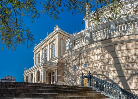 Odessa, Ukraine 02.05.2023. Facade of the Opera and Ballet Theater in Odessa, Ukraine, on a sunny spring day