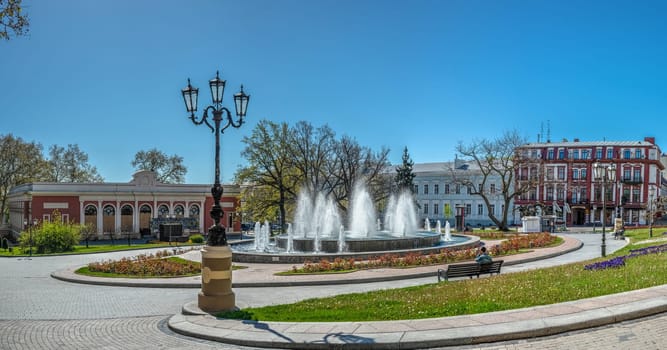 Odessa, Ukraine 02.05.2023. Fountain on the Theater Square in Odessa, Ukraine, on a sunny spring day