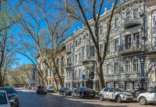 Odessa, Ukraine 02.05.2023. Historical building on the Pushkinskaya street in Odessa, Ukraine, on a sunny spring day