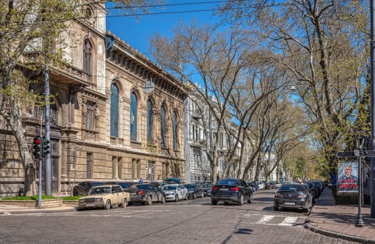 Odessa, Ukraine 02.05.2023. Historical building on the Pushkinskaya street in Odessa, Ukraine, on a sunny spring day