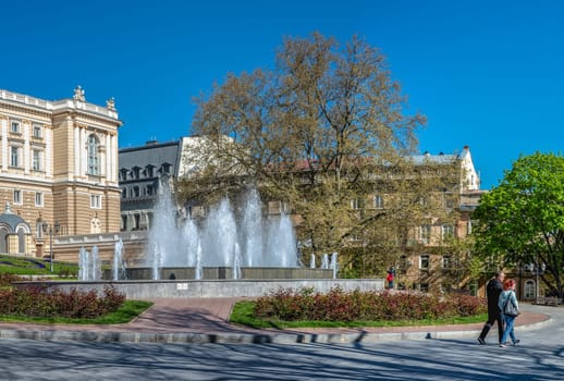 Odessa, Ukraine 02.05.2023. Fountain on the Theater Square in Odessa, Ukraine, on a sunny spring day