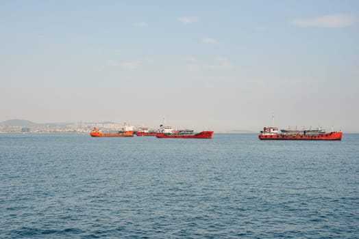 Istanbul, Turkey, May 02, 2023: Cargo ships pass through the Bosphorus, Istanbul.