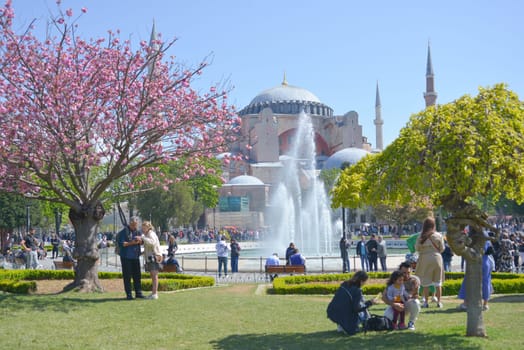 Istanbul, Turkey, May 02, 2023: Panoramic view of Hagia Sophia Holy Grand Mosque and the Sultan Ahmet Park.A very strong visited tourist place