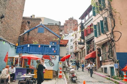 Istanbul, Turkey, May 02, 2023: Street view in the Galata Tower area in Istanbul