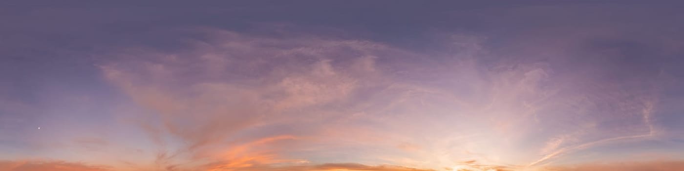 Bright sunset sky panorama with Cirrus clouds. Seamless hdr spherical equirectangular 360 panorama. Sky dome or zenith for 3D visualization, game and sky replacement for aerial drone 360 panoramas.