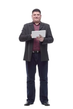 Mature business man with a digital tablet. isolated on a white background.