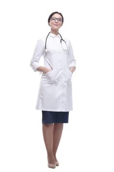 in full growth. confident female doctor with a stethoscope. isolated on a white background.
