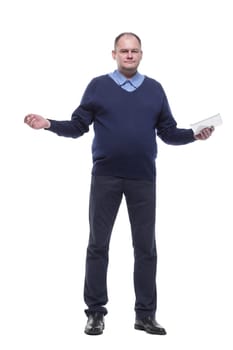 in full growth. serious man with a digital tablet. isolated on a white background.