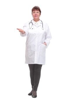 Happy smiling female doctor with thumbs up gesture, isolated on white background