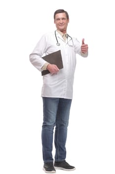A happy mature healthcare professional giving a thumb up isolated on white background